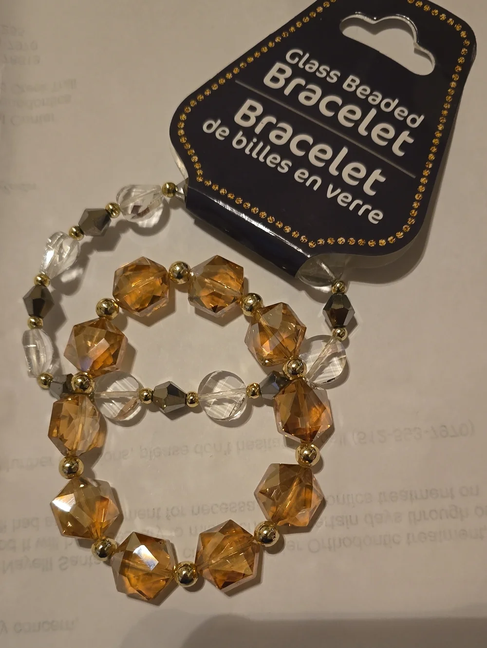 Amber and Clear Glass Beaded Stretch Bracelet - Unbranded
